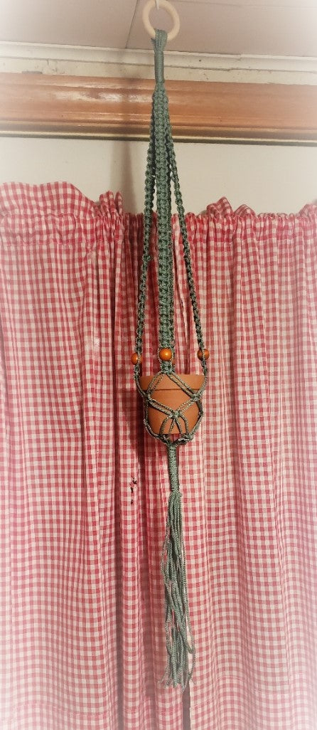 Boho Sage Green Macrame Single Beaded Planter Hanger