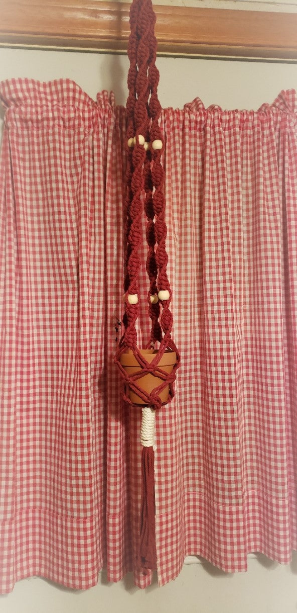 Maroon & White Beaded Macrame Planter Hanger