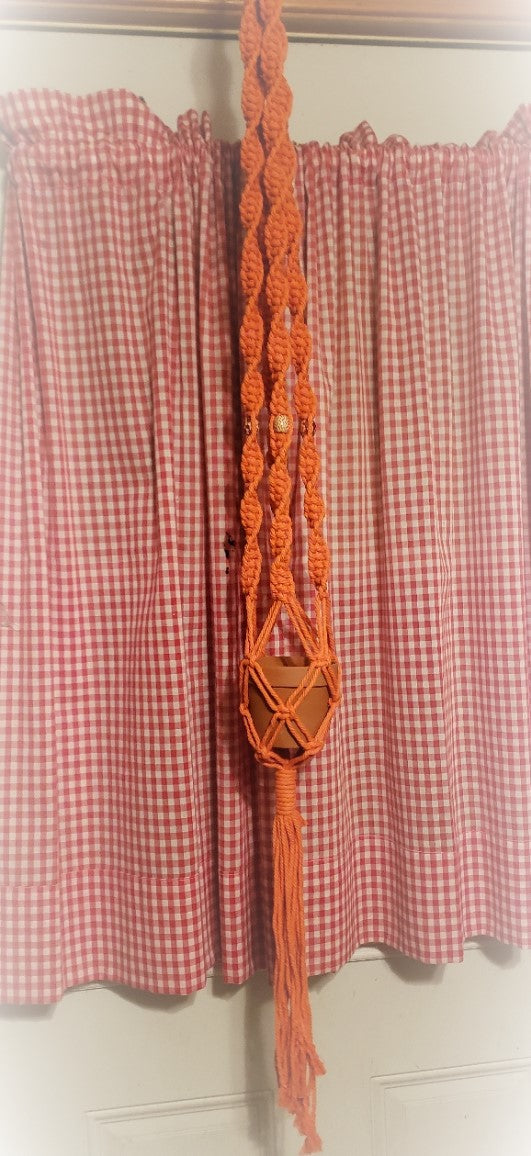 Orange Beaded Single Macrame Planter Hanger